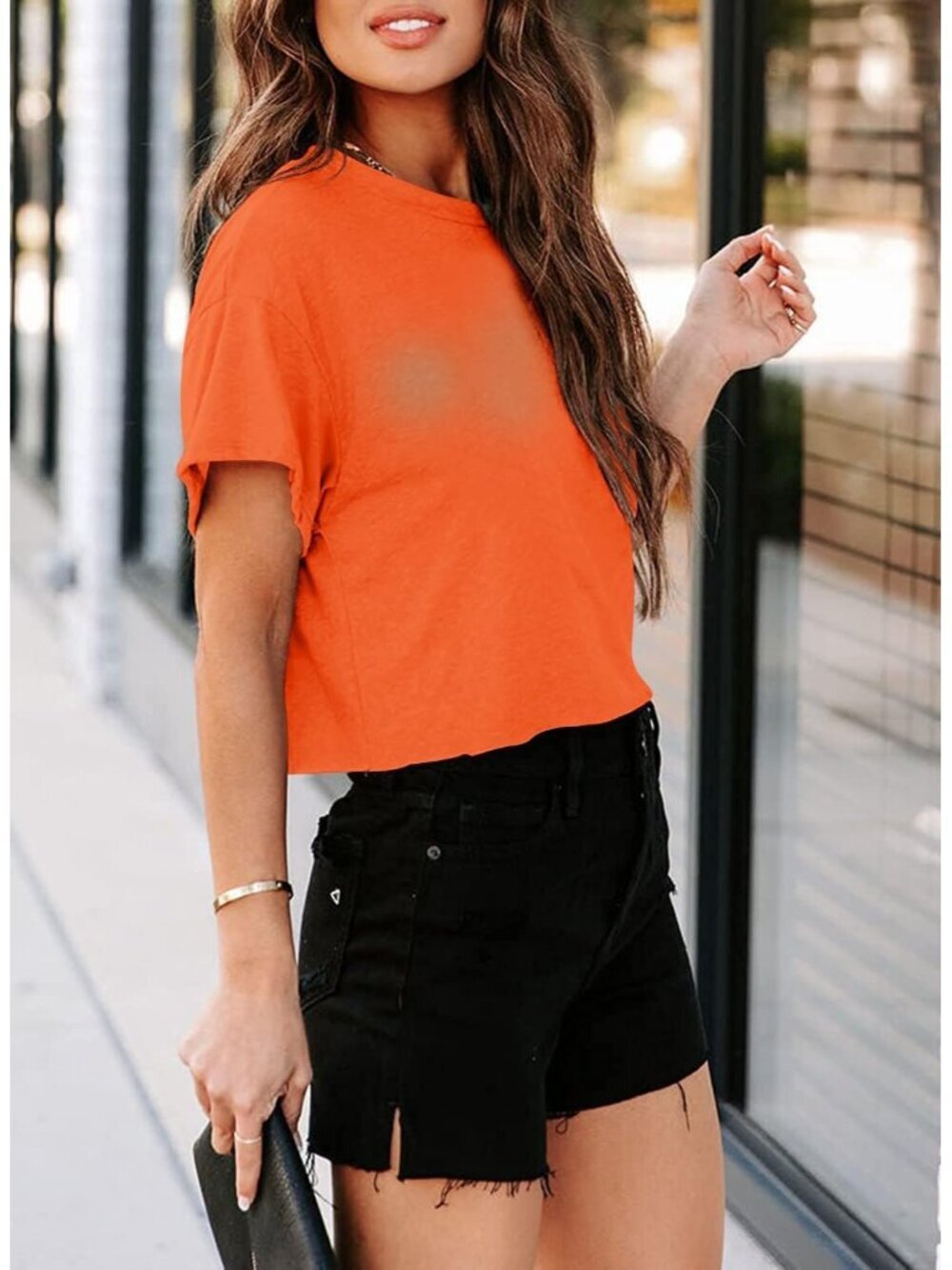 〽️Women's Orange Short Sleeve Crew Neck Loose Casual Drop Shoulder Crop Tops